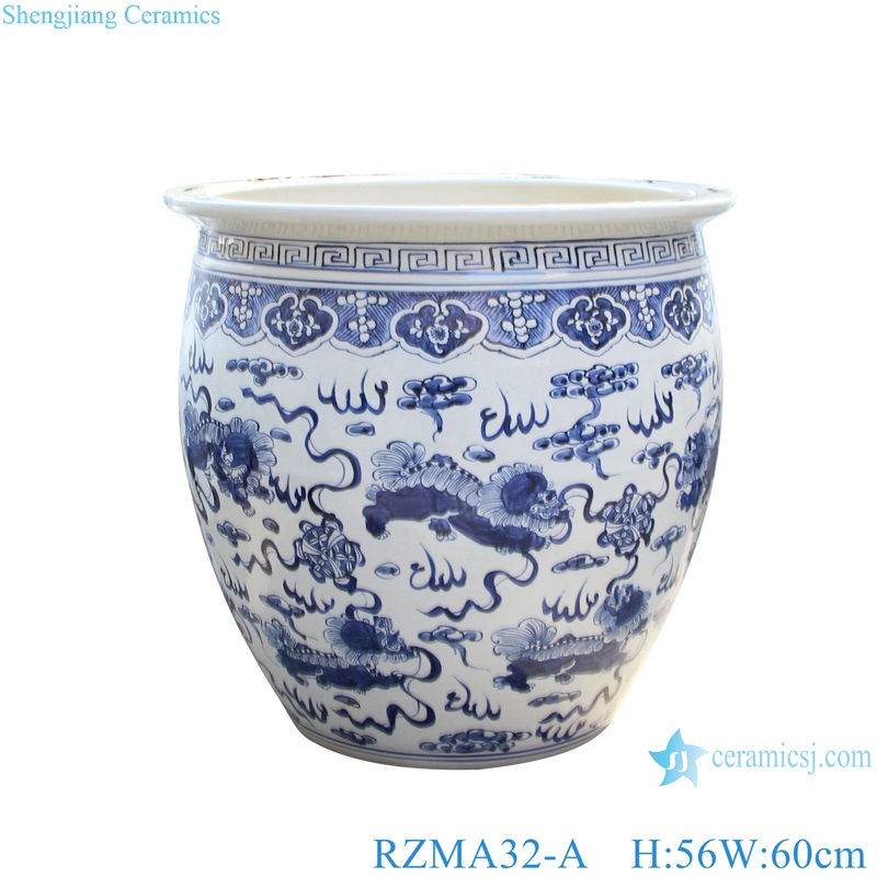 RZMA32-A Blue and White Porcelain Garden Planter Lion Pattern Ceramic big flower pot