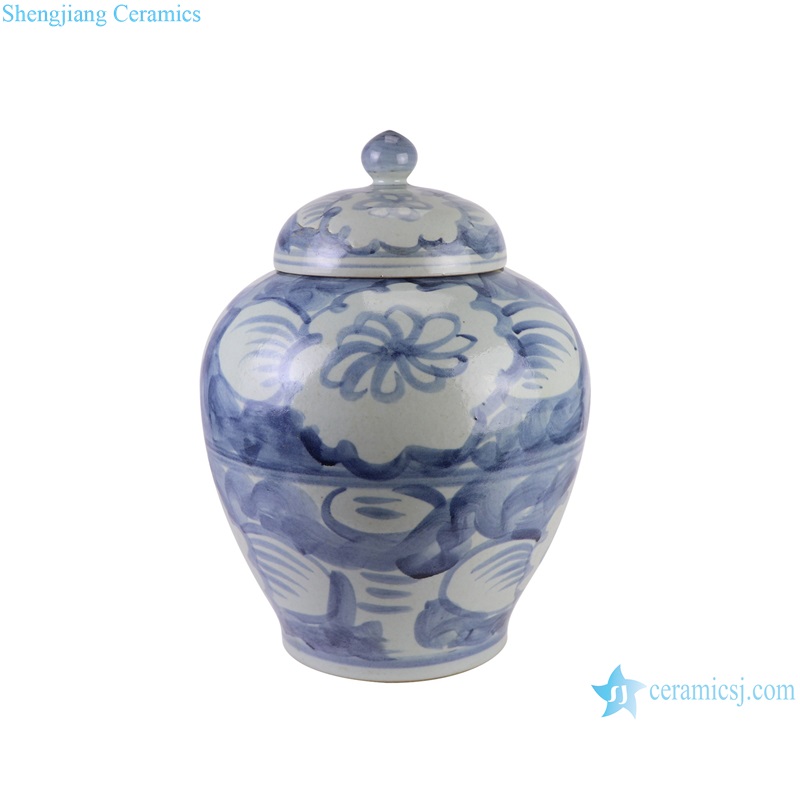 RZSX77-A Blue and White Porcelain Ceramic Big Pot Sunflower Pattern Belly shape Temple Lidded Jars 
