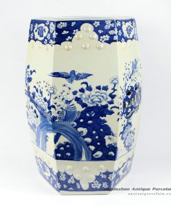 RYLU13_Hexagonal blue and white ceramic garden embellishing seat