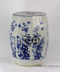 RYLU17-C_ Blue & White Floral Bird design Octagon Ceramic Garden Stool