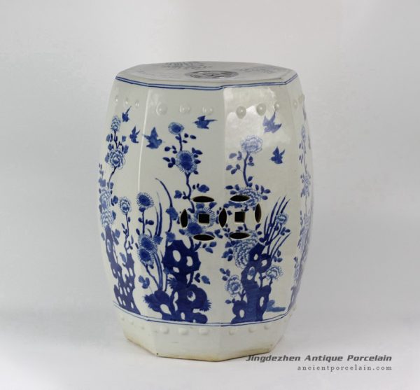 RYLU17-C_ Blue & White Floral Bird design Octagon Ceramic Garden Stool