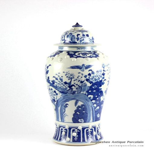 RYLU20-SMALL_Blue and white bird floral pattern antique temple jar