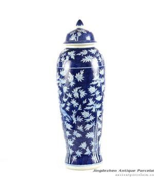 RYLU66-A_H23″ Blue and White Bamboo Bird Porcelain Temple Jar
