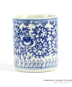 RYLU81_Hand painted blue and white floral pattern straight tube shape porcelain pen holder