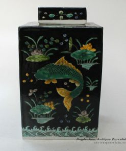 RYQQ20_12inch Qing dynasty reproduction Plain tricolour Fish design Ceramic Square Jar