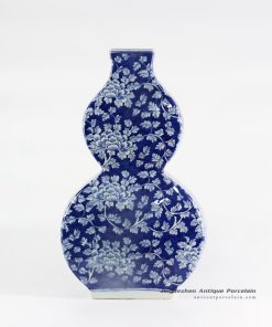RYLU108-B_calabash shape blue and white vintage style peony flower pattern ceramic vase