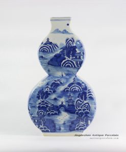 RYLU108-C_flat calabash shape landscape pattern cobalt blue ceramic vase