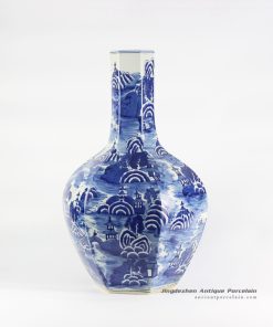 RYLU109_hexagonal design handicraft Jingdezhen China artisan made landscape view blue ceramic vase