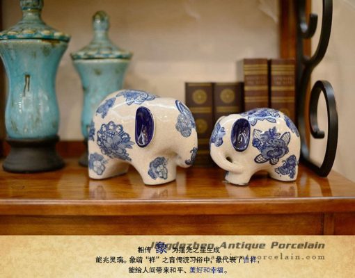 RYPU30-C_Blue and white decorative elephants ceramic animal doll ornaments