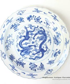 RYQQ43_17inch Hand painted Dragon design Blue and white Porcelain Charger