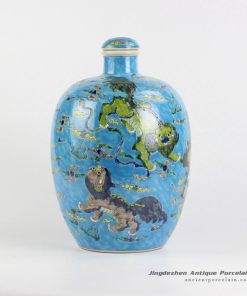 RYQQ54_blue ground famille rose hand paint Chinese fancy lions playing with silk ball pattern ceramic vase with lid
