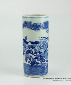 RYWD14_Blue and white straight slim tube shaped hand paint bird floral pattern chinaware quvier pen container