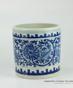 RYWD15_Hand paint blue and white interlock lotus branch pattern straight tube shaped big ceramic quiver brush holder