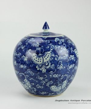 RYWD16_Blue and white hand painted butterfly herbal pattern round belly candle jar