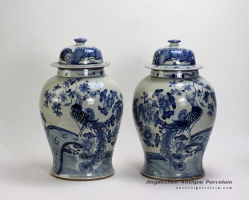 RZFI02_16.5″ Pair of Blue White Floral Phoenix Ginger Jars