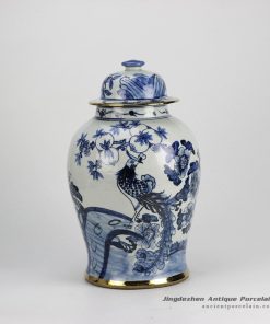 RZFI05_Gold plated line hand paint floral bird pattern blue and white ceramic ginger jar furniture