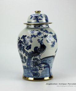 RZFI05-gold_Gold plated line hand paint floral bird pattern blue and white ceramic ginger jar furniture