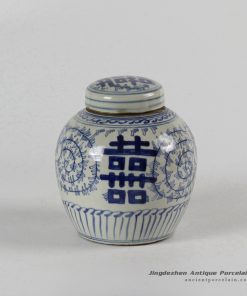 RZFZ-RYLU55-A_ blue and white medium size double happy Chinese letter pattern ceramic jar with flat lid