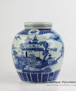 RYVM24_Blue and white hand paint pavilion ceramic container jar