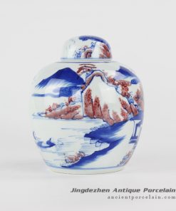 RYXN28_Under glaze blue and red color mountain river design ceramic tea caddy