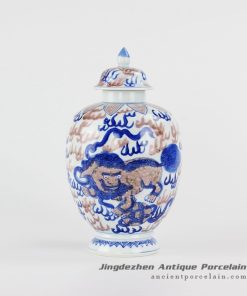 RYXN29_Under glaze blue and copper red pigment play fire ball lion pattern hand drawn ceramic display temple jar