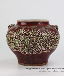 RZBE10_red glaze hand carved floral design ceramic jar
