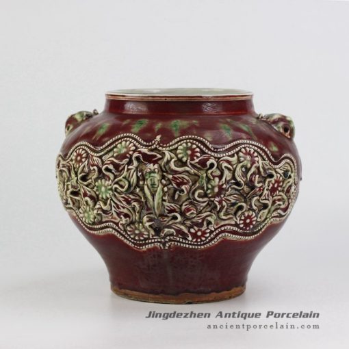 RZBE10_red glaze hand carved floral design ceramic jar