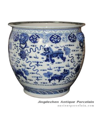 RZFH09_Blue and white hand paint Chinese lions play with silk balls pattern fancy large ceramic outdoor fish bowl