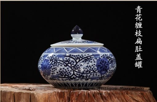 RZFQ08_ round belly art craft floral under glaze blue porcelain cookie jar