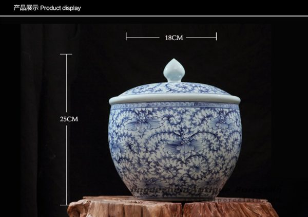 RZFQ21_ Old style blue and white hand paint floral pattern ceramic food container jar