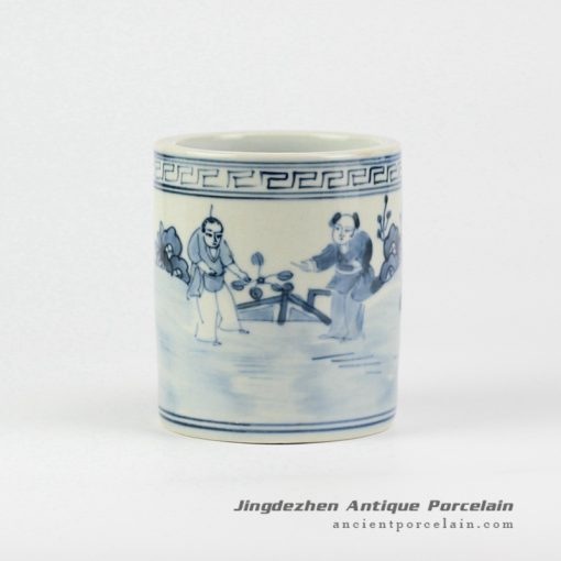 RZIQ01-E_Vanity blue and white hand paint ancient China farmer sowing pattern porcelain pen holder