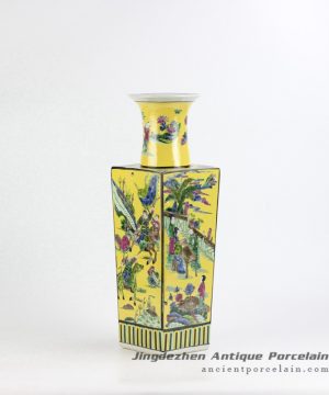 RZJH03_Famille rose yellow color ancient Chinese life pattern dimetric ceramic vase for online shopping