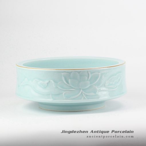 RZJR08_Elegant valuable carved lotus pattern mint green color hot sale ceramic water pot