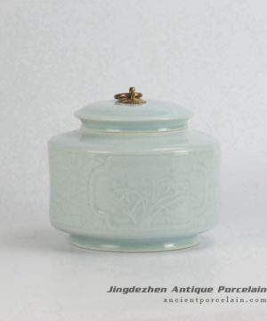 RZJZ01_Under celadon glaze carving metal ring lid small size porcelain jar