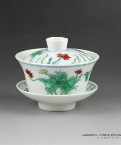 14YM05_Jingdezhen hand made porcelain Gaiwan, blue white doucai flower design