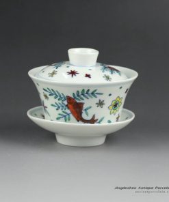 14YM06_Jingdezhen hand made porcelain Gaiwan, blue white doucai fish design
