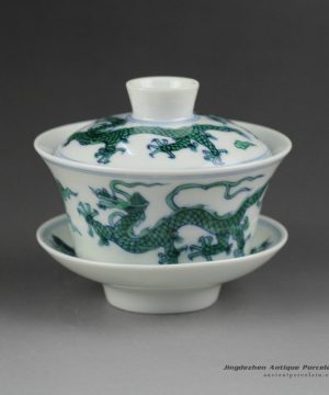 14YM07_Jingdezhen hand made porcelain Gaiwan, blue white doucai dragon design