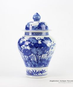 RYCI39_Blue and white hand paint bird and lotus leaf pattern ceramic temple jar