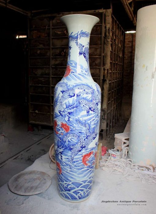 RYFJ09_Big Blue and White Dragon and Fish Design Porcelain Vase