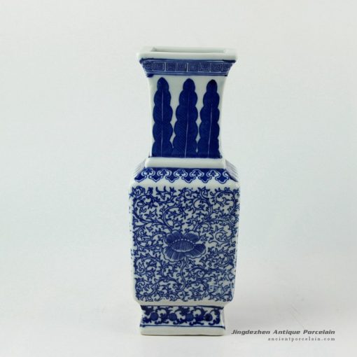 RYJF55_H9.5″ Blue and White Square floral design Porcelain Vase