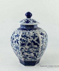 RYJF56_H9.5″ Blue and White 6 sided crane design Porcelain Jar