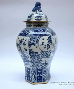 RYJF63-B_Blue and white ceramic oriental jar with lion knob