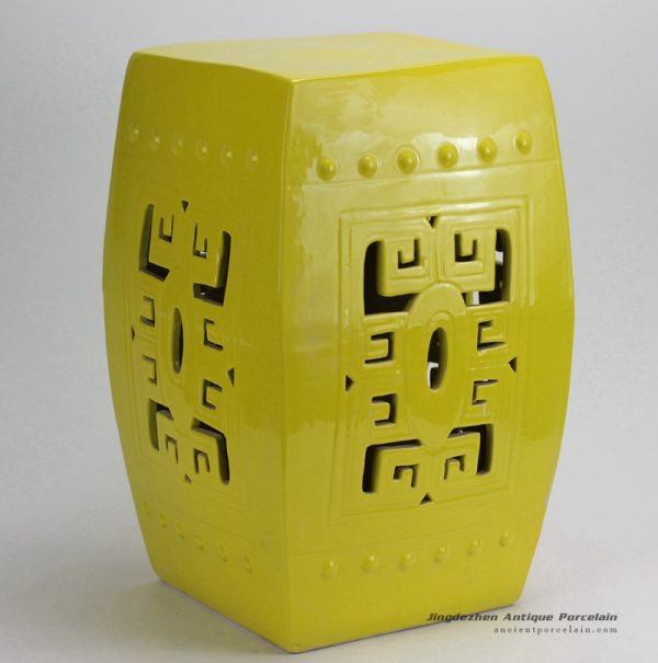 RYKB118-A_Yellow Carved Square Ceramic Garden Stool
