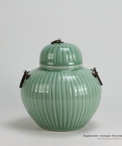 RYKB122-A_H10″ Ceramic Bamboo design Celadon Green Jars with Metal Ring Lid