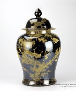RYLW15_Mirror black glazed gold gilded crane hand paint porcelain large ginger jar