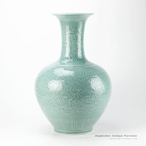 RYMA100_Under glaze carved lotus and inter lock branch pattern green ceramic flower vase