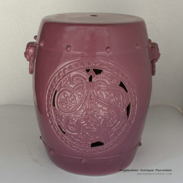 RYNQ147_H17″ Purple Carved lion ring Ceramic Garden Stool