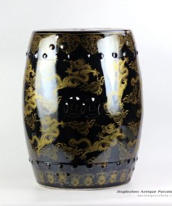 RYNQ194_Large stool in black mirror glaze golden fire dragon pattern porcelain drum stool