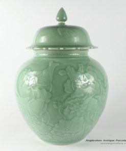 RYNT12_h13.4″ Hand carved waterlily Celadon Ceramic Jars