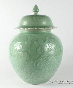 RYNT12_h13.4″ Hand carved waterlily Celadon Ceramic Jars